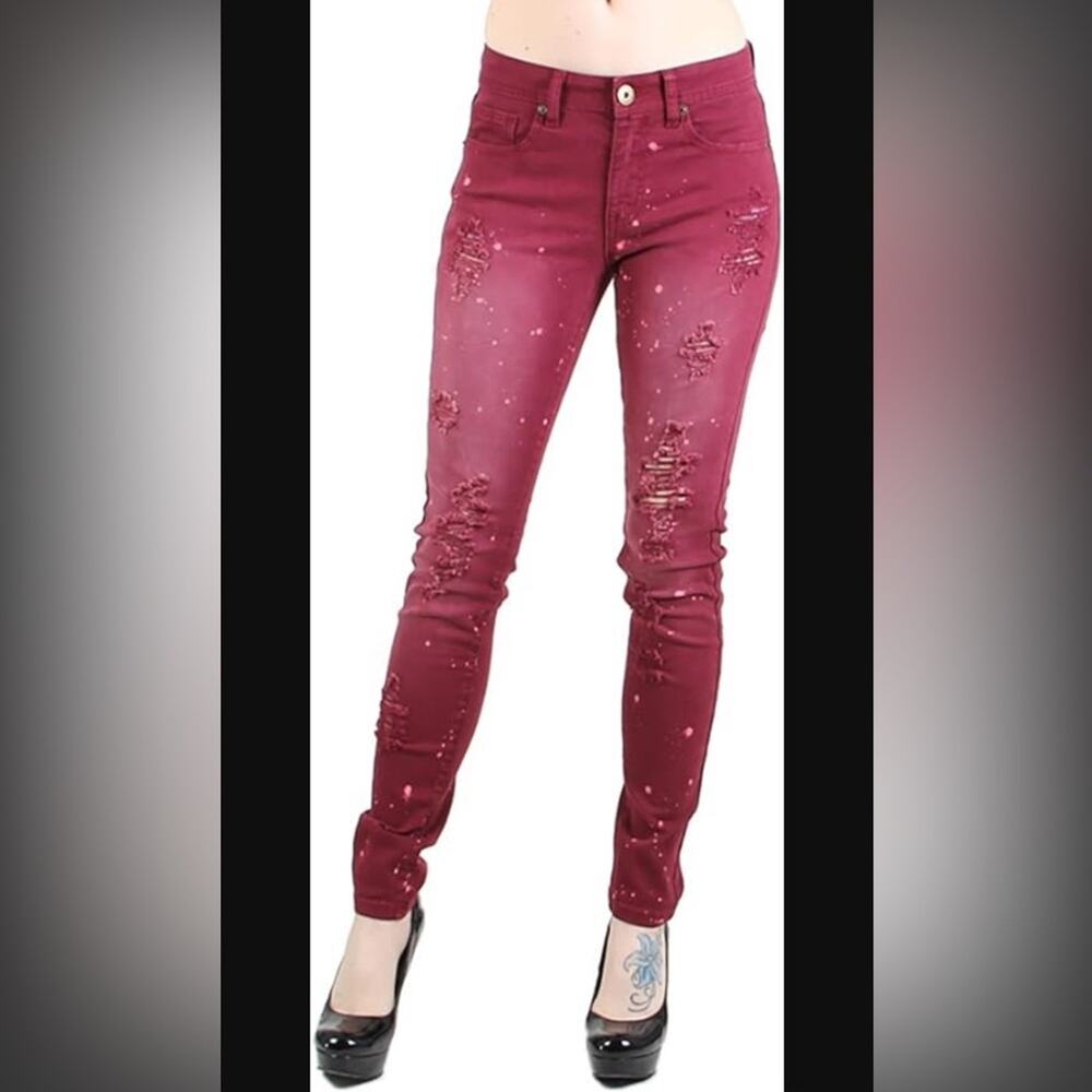 Redfox distressed maroon high rise skinny jeans, size 7